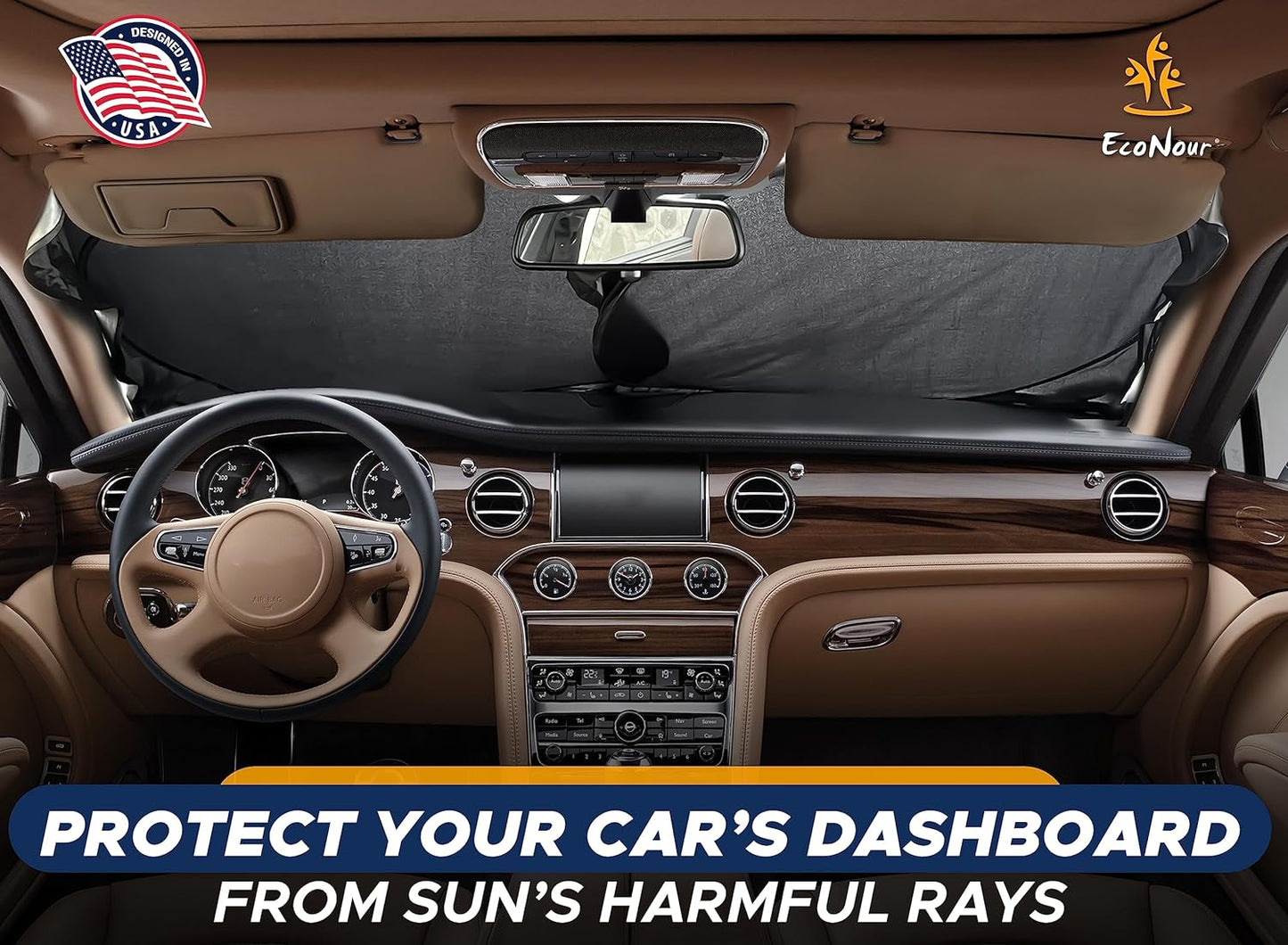 EcoNour Car Windshield Sun Shade | Premium 300T Polyester Automotive Heat Shield | Sunshade for Car Windshield, Front Window Sun Shade, UV Glare Protection | Fits Sedans, Mini SUVs, Hatchbacks (64x32)
