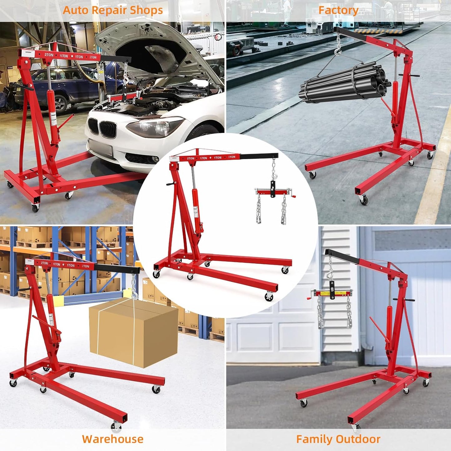 2 Ton Folding Engine Hoist with Lever, Cherry Picker Shop Crane Hoist Lift, 4400 Lbs Heavy Duty Steel Hydraulic Shop Engine Crane for Workshop and Garage, Red