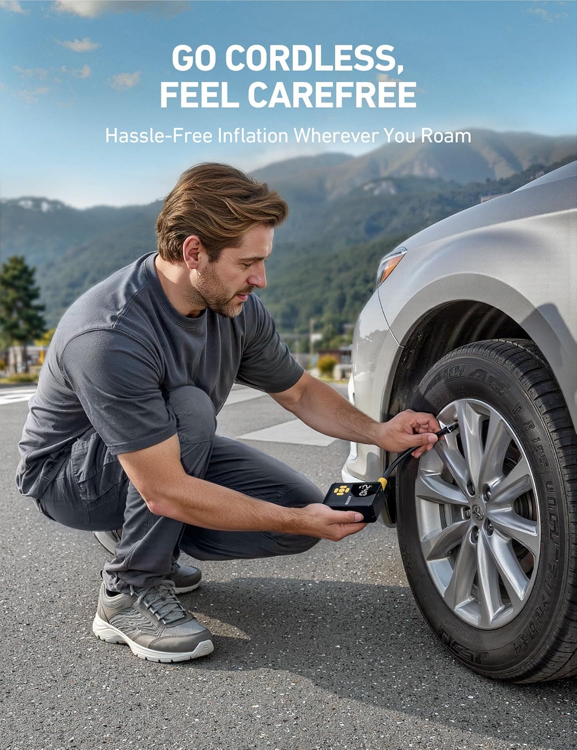 AstroAI L7 Mini Tire Inflator Portable Air Compressor,150 PSI Cordless Car Tires Air Pump with LED Lights&Pressure Gauge,Auto Shut-Off - Tire Pump for Auto,Motorcycle, Bicycle, Ball Yellow