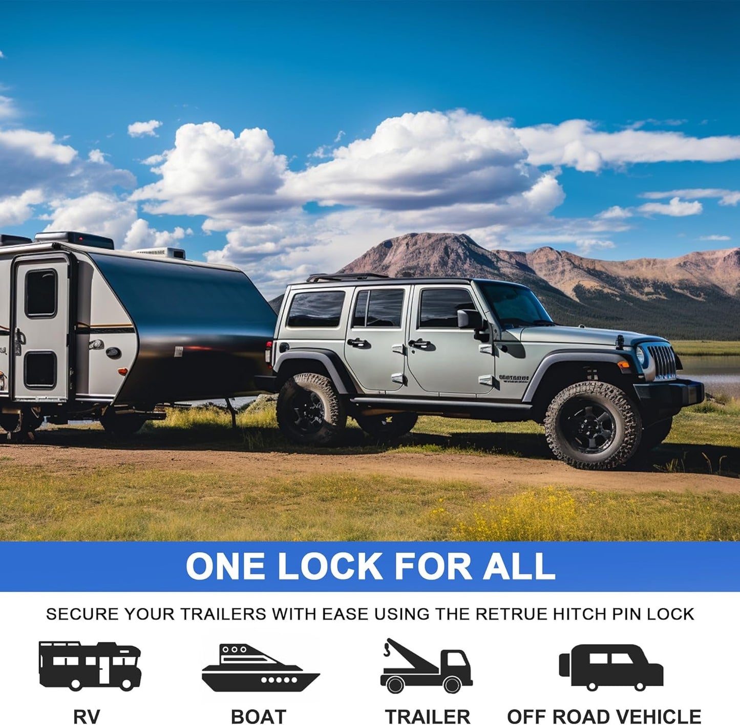 RETRUE Trailer Hitch Locks, 5/8" Locking Hitch Pin for 2 Inch and 2 1/2” Receiver Class III IV Hitch, Tow Hitch Lock with Keys O-Rings, Trailer Accessories for Outdoor,Blue