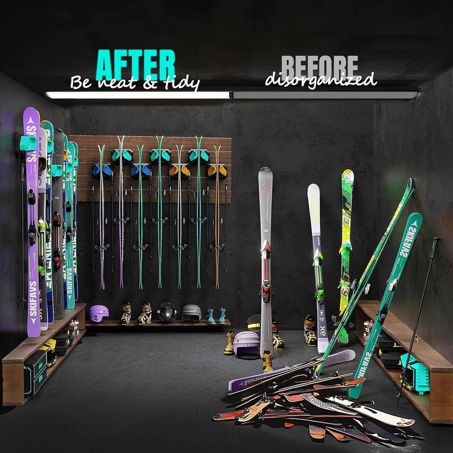 Ski & Snowboard Wall Rack for Garage Wall Fits Any Ski/board, Ski Wall Mount Holders Damage-Free Storage Rack, Garage Organization Space-Saving Winter Gear Organizer, Green, 2 Pack