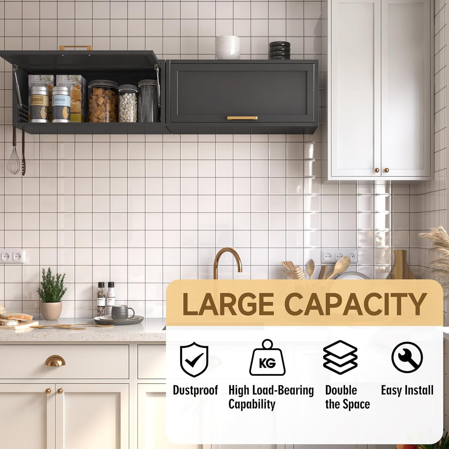 Metal Garage Wall Cabinet, Floating Tool Cabinet for Home, Office, Kitchen, Basement, Warehouse - Black with Up-Flip Door, Wall Mounted, Assembly Required