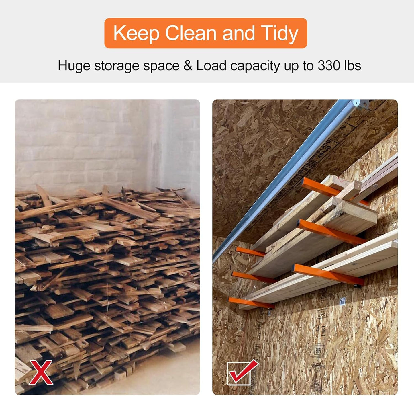 Ultrawall Wall Mount Wood Organizer and Lumber Storage Metal Rack with 3-Level - Indoor & Outdoor Use, 2 Pack