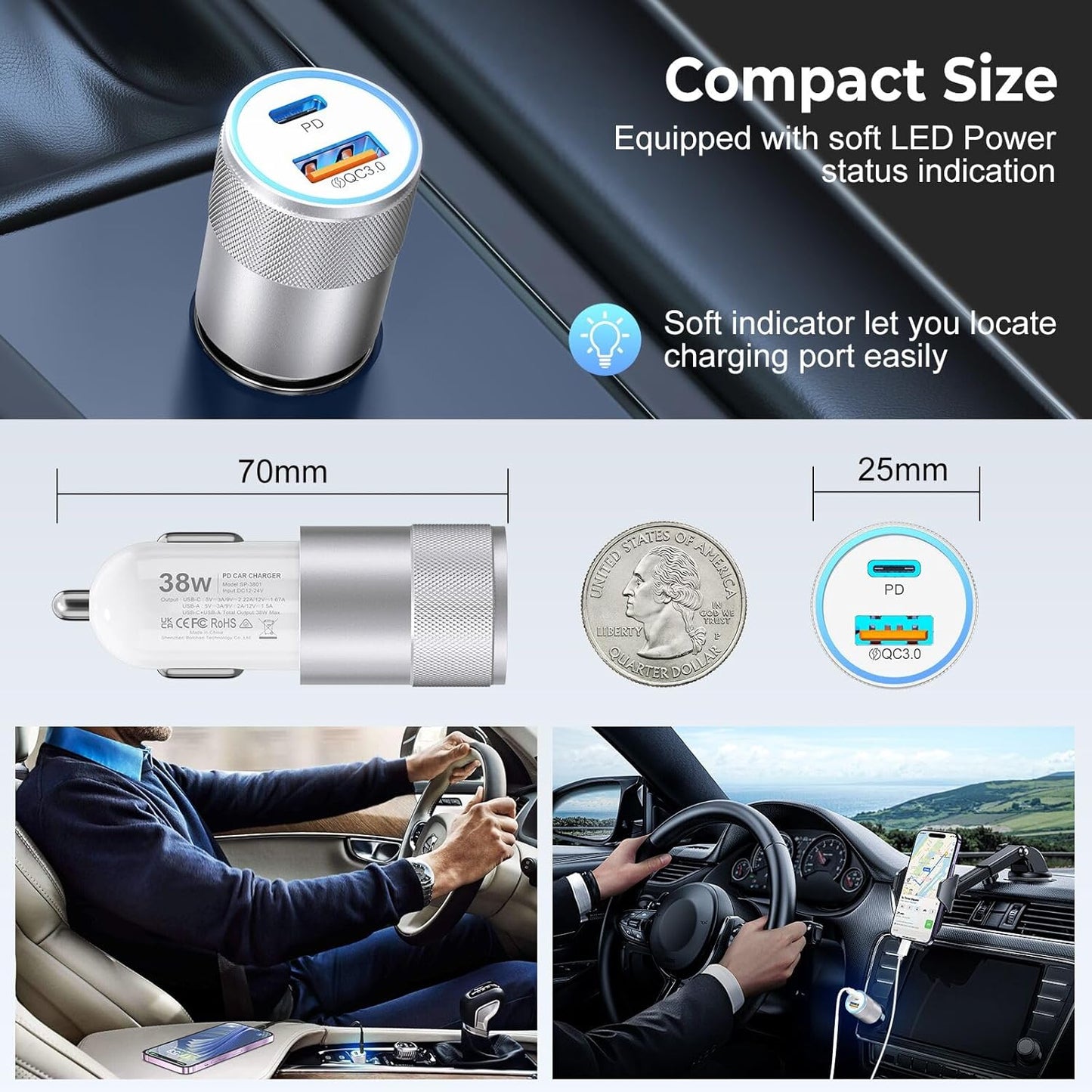 Car Charger USB C 6-Pack, Ancekoy 38W Dual Port Cigarette Lighter with PD3.0 + QC3.0 Type C Car Charger Adapter iPhone 16/15 Pro Max/Samsung Galaxy S24/S23/S22Plus/Ultra/,iPad Pro(White)