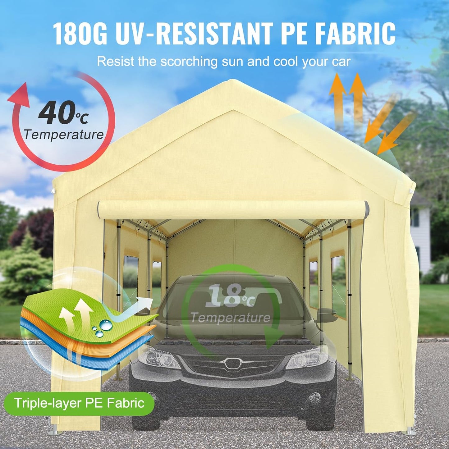 VEVOR Carport 10x20 ft Heavy Duty Canopy, Portable Garage Shelter with 8 Legs, Removable Sidewalls & Windows, Adjustable Peak Height 8.3-10 ft, Ideal for Cars, Boats, and Parties, Yellow