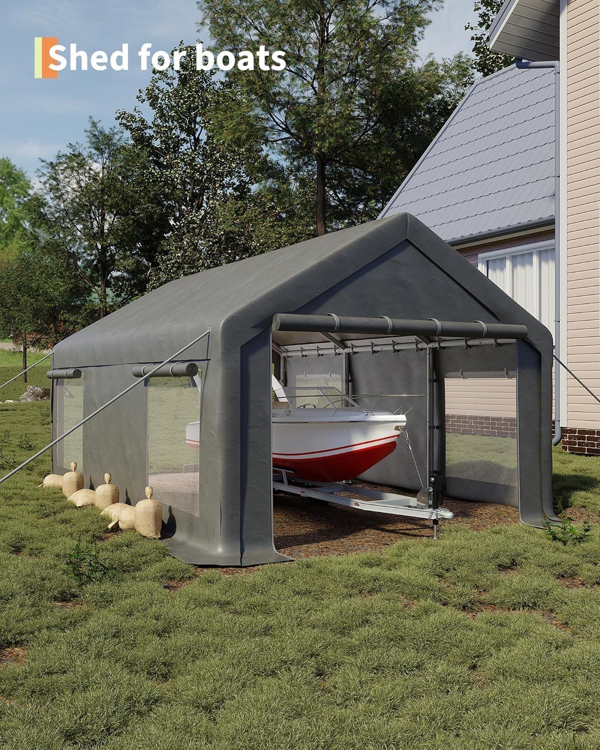 12 x 20FT Heavy Duty Carport with Roll-Up Windows, Portable Garage with Removable Sidewalls & Doors, Portable Car Tent Garage with Roll-Up Windows and All-Season Tarp, for Car, Truck,