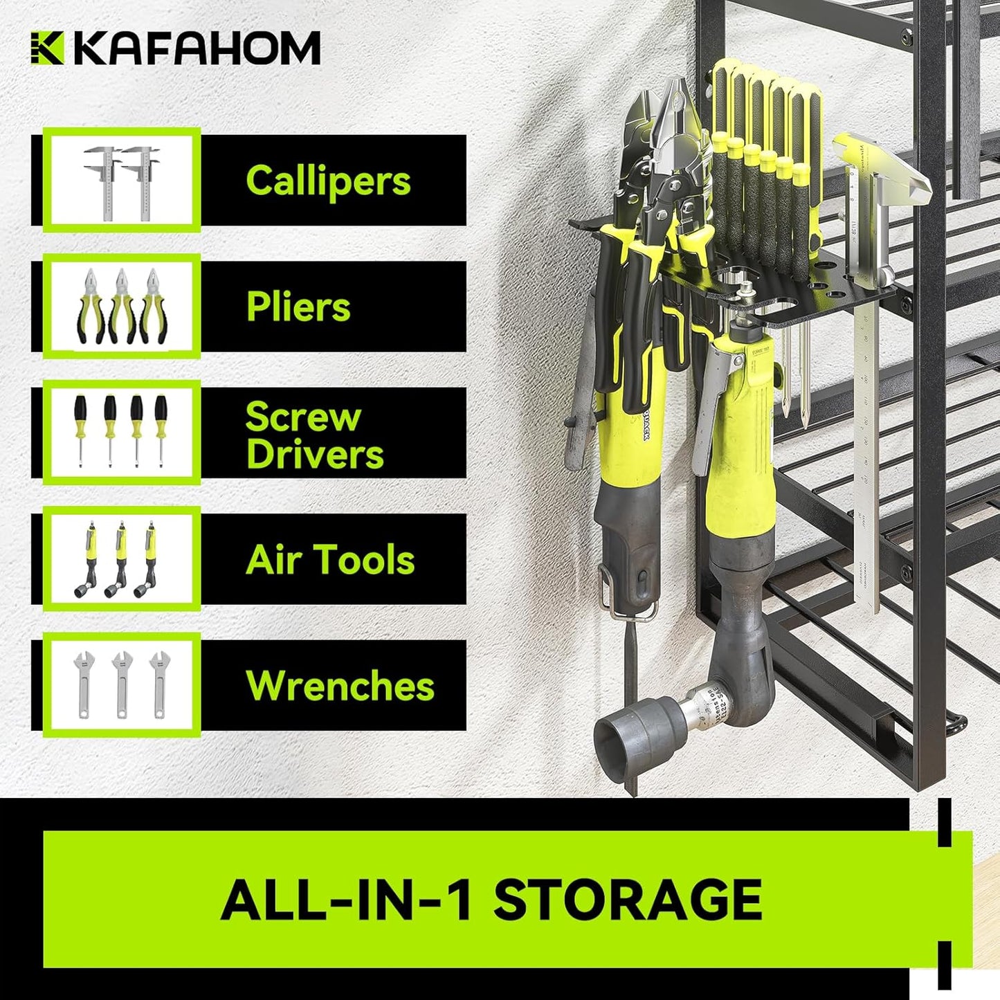 KAFAHOM Power Tool Organizer Wall Mount, 9 Drill Holders for Garage Organization,4 Layer Power Tool Rack,Tool Organizer and Storage with 2 New Accessories, Gifts Idea for Men/Dad/Husband