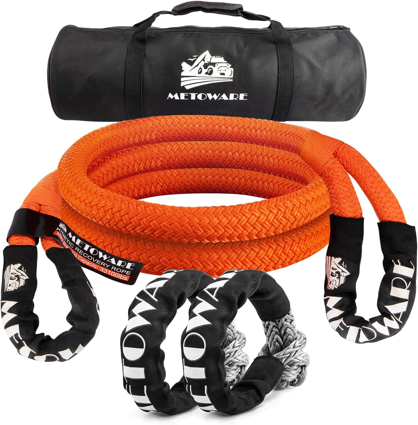 METOWARE Kinetic Recovery Rope (1’’ x 10ft) Offroad Tow Kit with 1/2inch x 22 Inch Soft Shackles，Heavy Duty Offroad Recovery Kit for UTV, ATV, Truck, Car