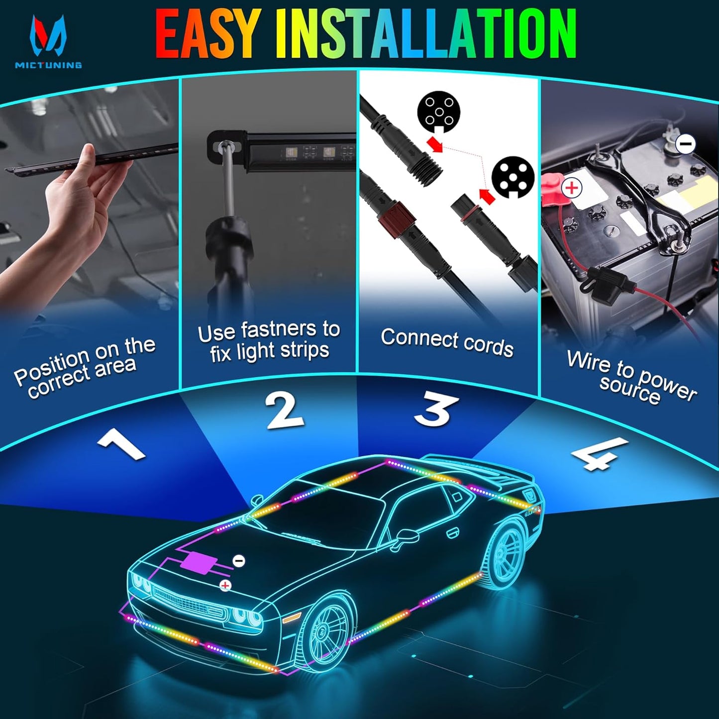 MICTUNING U8 RGBW Underglow LED Light Bars (8-Piece Kit) 888 Ultra-Bright LEDs, Dual Remotes, White+RGB Colors, IP68 Waterproof Aluminum Housing – for Cars, Trucks, SUVs, ATVs