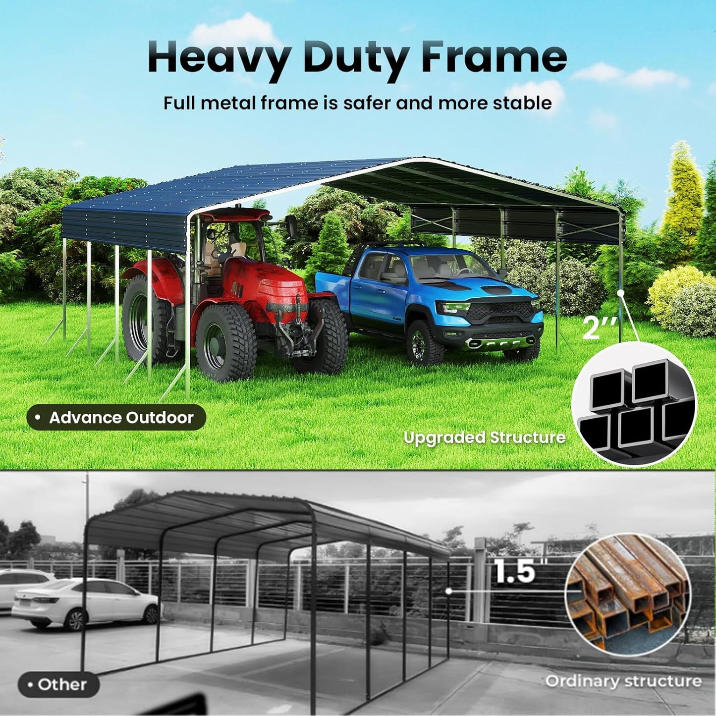 20x20ft Heavy Duty Metal Carport – Outdoor Galvanized Garage, Sturdy Structure, All-Weather Protection, Easy Assembly for Cars, Trucks, Boats, Tractors, and Outdoor Storage (Grey, 20x20FT)