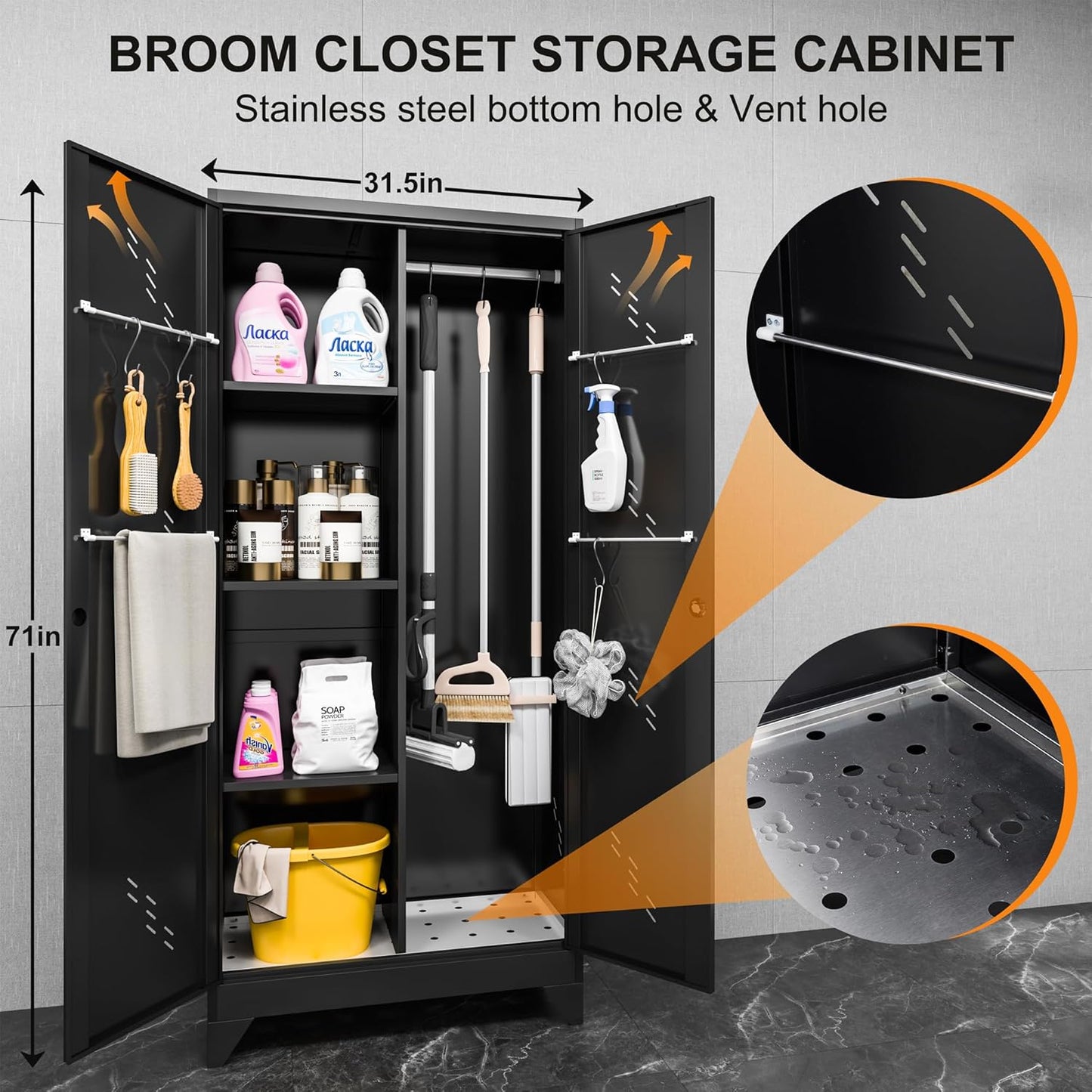 Metal Garage Storage Cabinet, Kitchen Pantry with Doors and Shelves, Broom Organizer Storage Tool Racks,Cleaning Cabinet with Stainless Steel Leak (H71* D16.53*L31.5in)