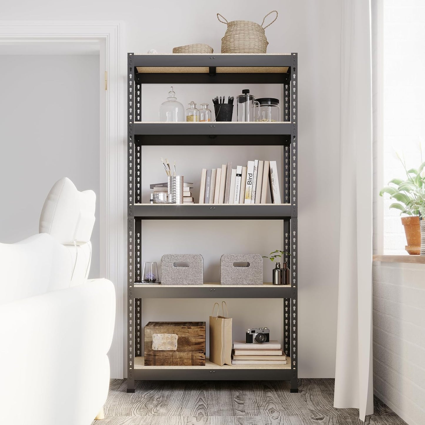 35.5" W x 16" D x 71" H Adjustable Garage Storage Shelves - 5-Shelf Heavy Duty Shelving Unit, Metal Utility Storage Organizer Racks for Warehouse Pantry Closet Kitchen, Black