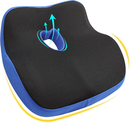 Car Seat Cushion, Ergonomic Memory Foam Car Cushion for Sciatica Pain Relief, Larger Driving Seat Pillow for Short Drivers on Long Drives - Butt Pillow for Truck, Office, Wheelchair - Black&Blue