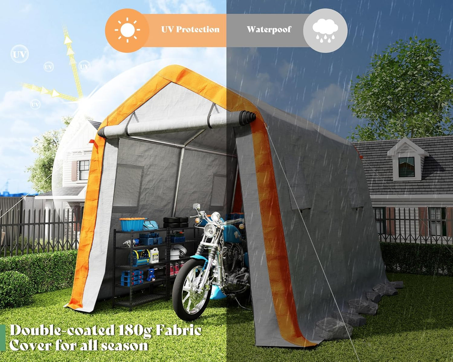 AMERLIFE 8x10x8 FT Heavy Duty Portable Shed Storage Shelter, Outdoor Storage Shed with 4 Waterproof Windows & Roll-Up Zipper Door, Carport for Motorcycle, Bike, Grey