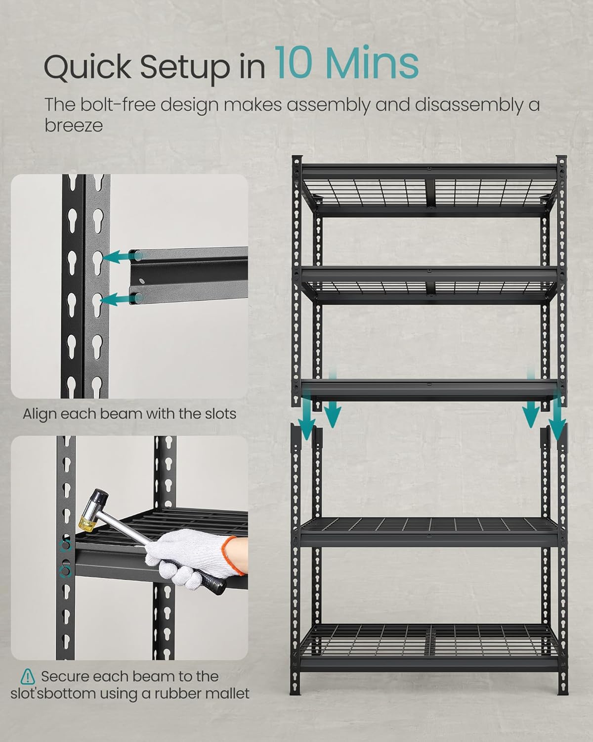 SONGMICS 5-Tier Storage Shelves Set of 2, Heavy-Duty Garage Shelving, Adjustable Shelving Unit, Steel Shelf, Boltless Assembly, for Garage, 2,250 lb Load, 18 x 72 x 72 Inches, Ink Black UGLR453B02