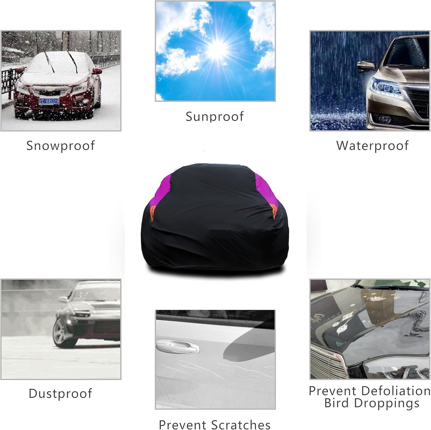 MORNYRAY Waterproof Car Cover All Weather Snowproof UV Protection Windproof Outdoor Full car Cover, Universal Fit for Sedan (Purple, A3-Fit Sedan Length(178-185 inch)