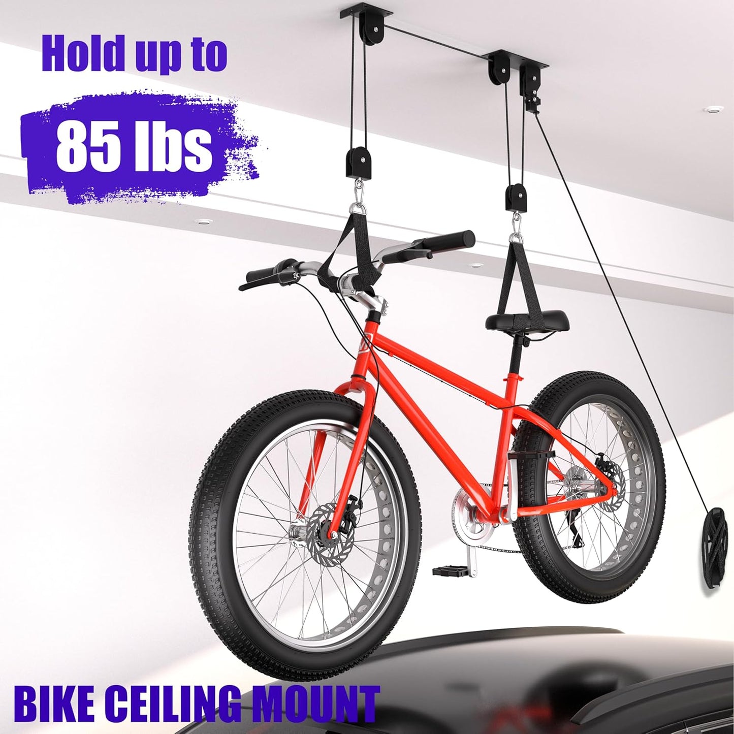 2 Pack Bike Hoist, Heavy Duty Bike Pulley System for Garage Ceiling Bicycle Hanger, Bike Lift Overhead Storage Holds Up to 85 lbs Capacity, Fit 10-16 Foot Ceilings, Black