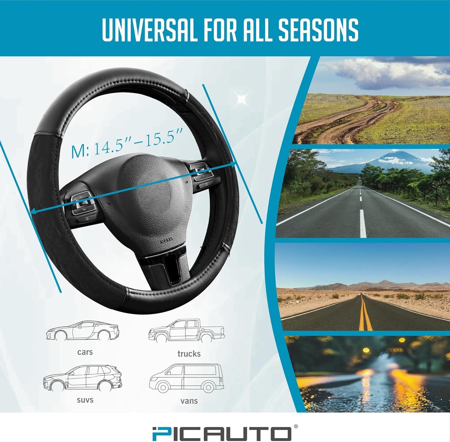 PIC AUTO Steering Wheel Cover, Silk Grain Leather Car Steering Wheel Protector, Comfortable Grip, Universal 14.5-15.5 Inch Anti-Slip Steering Wheels Accessories for Men & Women (Black)