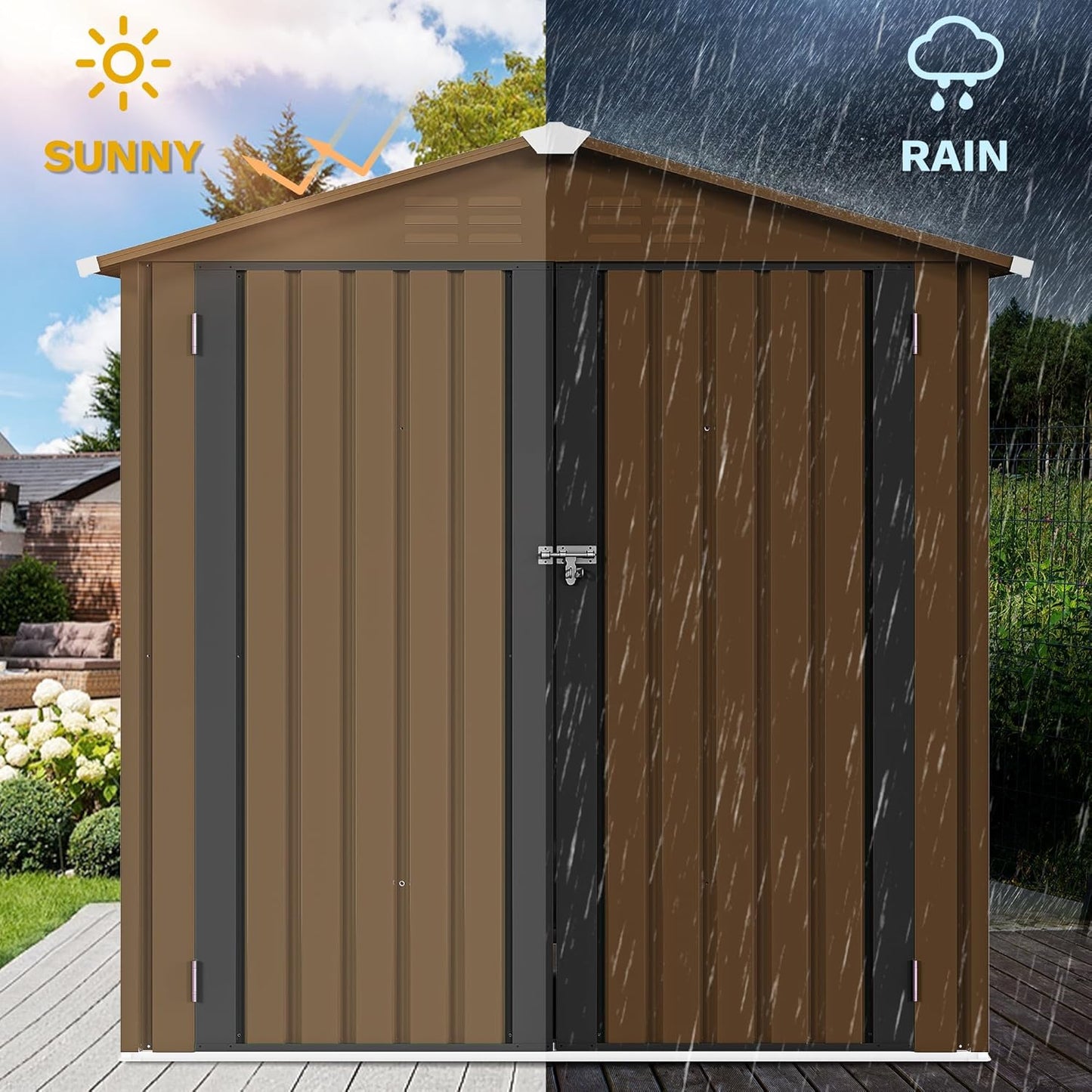 DWVO 6x4ft Storage Shed for Outdoors, Metal Sturdy Weatherproof Tool Locker with Secure Door and Ventilation for Equipment, Mowers, Bikes, Outdoor Spaces, Brown