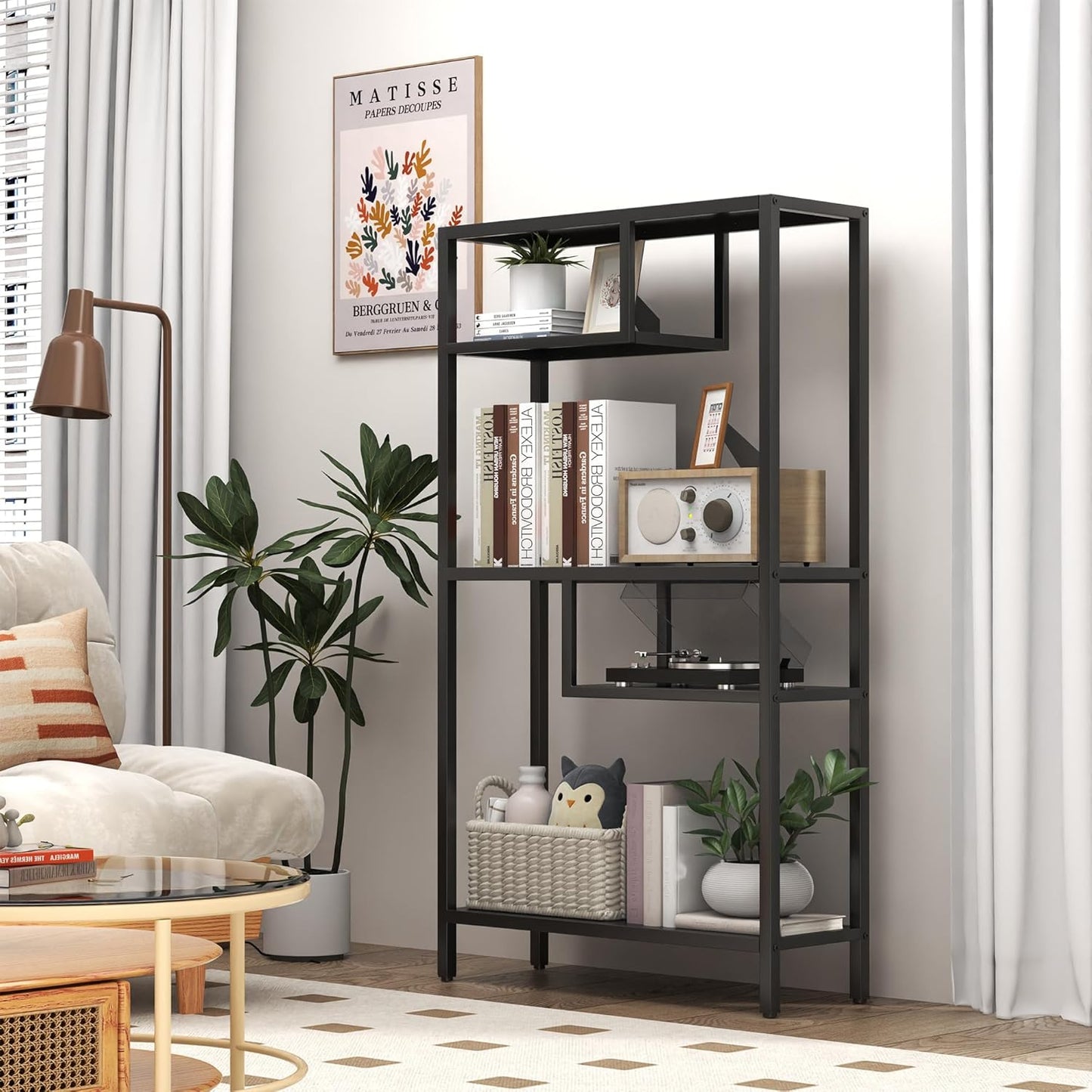 Metal Storage Shelving Unit, Decorative Geometric Bookcase, Modern Freestanding Display Shelves, Tall Book Shelf Unit for Living Room Bedroom Office, Easy Assembly