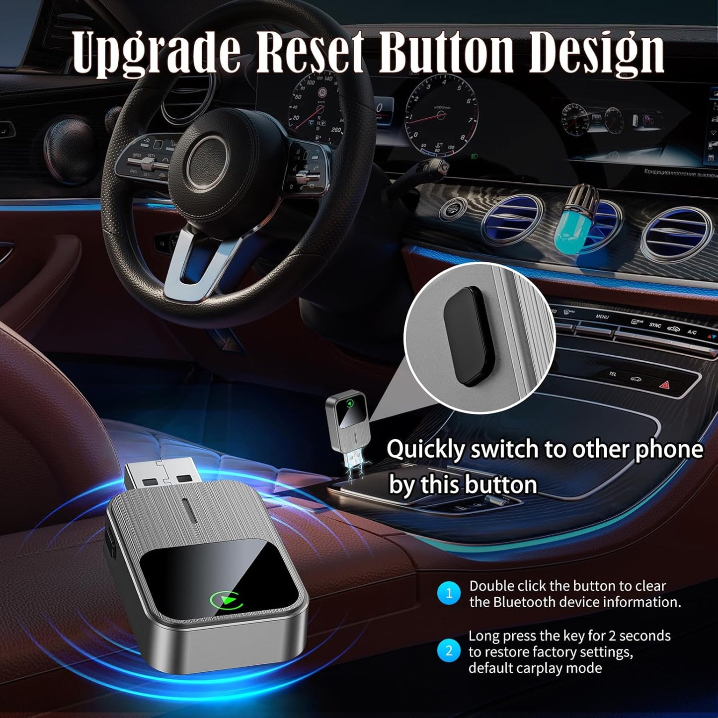 Wireless CarPlay Adapter-2025 Upgrade Built-in Wired CarPlay to Car Play Wireless Easy Use Plug&Play Fast Stable Connection Mini USB&Reset Button Design for Cars After 2016 (Only for iPhone)
