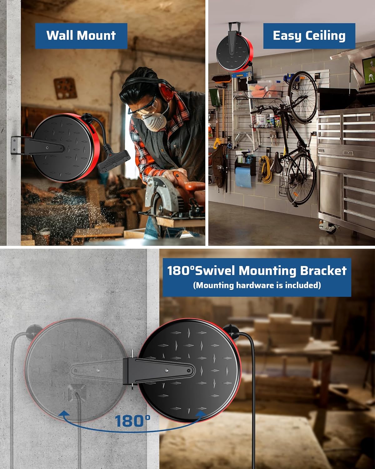 DEWENWILS 30 Ft Retractable Extension Cord Reel, Ceiling or Wall Mount 16/3 Gauge SJTW Power Cord with 3 Electrical Outlets Pigtail for Garage and Shop, 10 Amp Circuit Breaker, Metal Plate, UL Listed