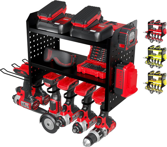 Power Tool Organizer-6 Drill Holder Wall Mount, 3 Tier Heavy-Duty Hand Tool Storage Rack, Utility Racks, Drill Holder, 2 Pegboard Sides - Garage Storage Cordless Tool Organizer (Black)