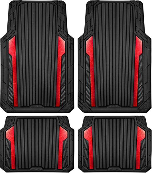 CAR PASS Heavy Duty Rubber Car Mats Metallic, Aluminum Film All Weather Floor Mats Waterproof Universal Trim to Fit Automotive SUV Sedan Van 4 Piece Anodized Deep Dish Two-Tone Sporty Black Red Chrome