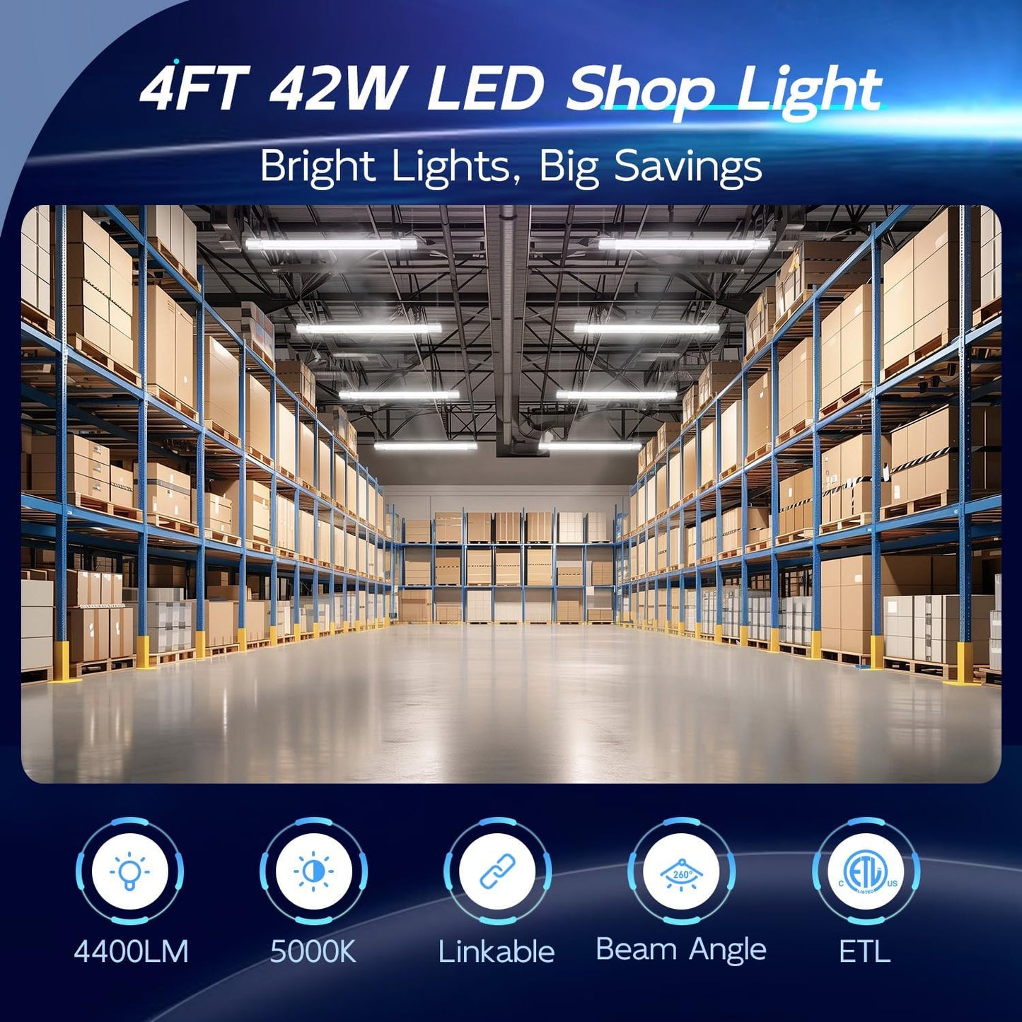 hykolity 4 Pack 4FT LED Shop Light Linkable, 4400lm, 42w(250w Equivalent), 5000K Utility Shop Lights, Hanging or Flush Mount, with Power Cord and On/Off Switch