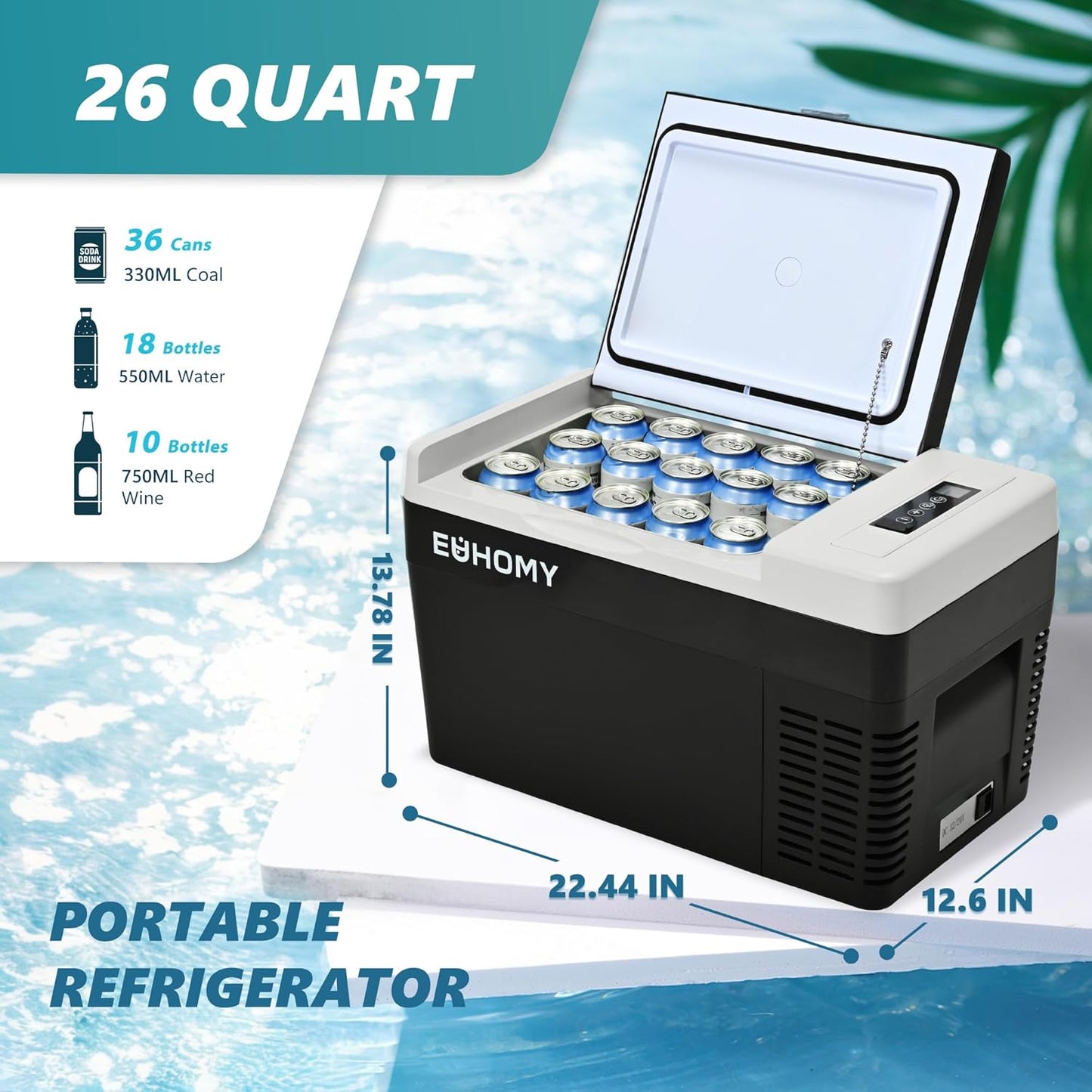 EUHOMY 12 Volt Refrigerator, 26QT(25L) Compressor Electric Cooler APP Control, Car Fridge -4℉~68℉, Portable Refrigerator 12/24V DC 110-240V AC, Portable Freezer for Camping, Travel, Boat
