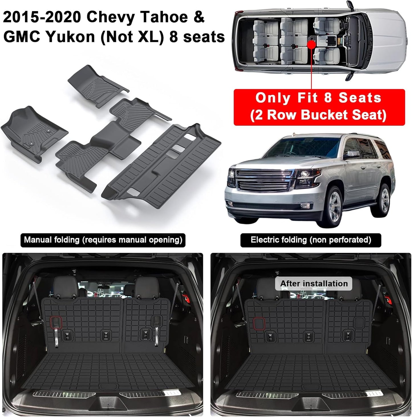 Floor Mats & Trunk Mat for Chevrolet Tahoe 2015-2020 Bucket Seat (8 Seats Version) &GMC Yukon（Not Fit XL,TPE All Weather Protection Car Floor Liners for Chevy Tahoe