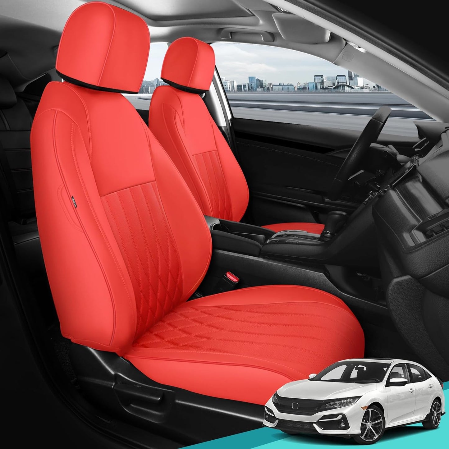 Seat Covers for Honda Civic Hatchback EX, Sport Touring, EXL 2016 2017 2018 2019 2020 2021, Faux Leather Car Seats Cover Full Set(Rear Row 40/60 Split & Folding Backrest)-RED