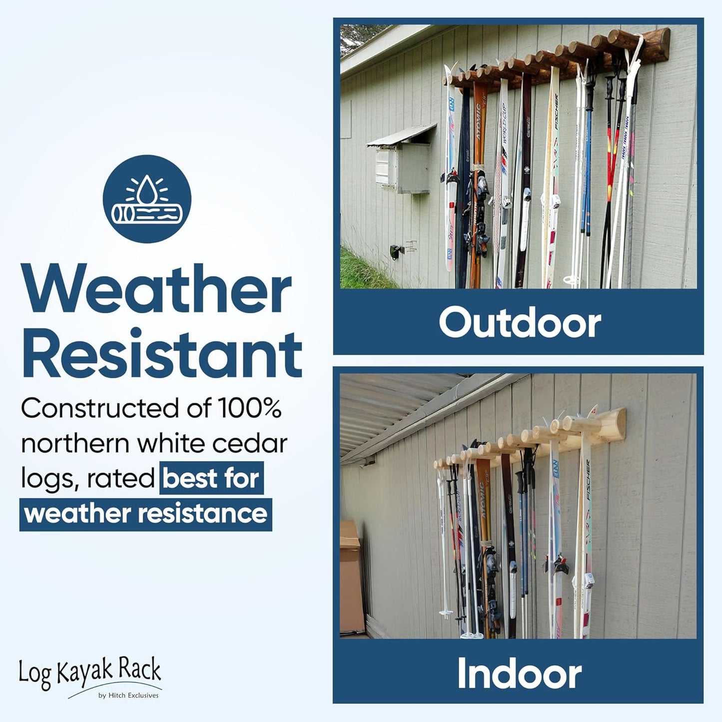 14-Place Log Ski Rack Wall Mount, Indoor Ski Storage Rack for Garage Organizers, Wooden Skis Wall Mount Storage Racks, Pole Skis Sports Racks, Garage Organization Walls - Unfinished