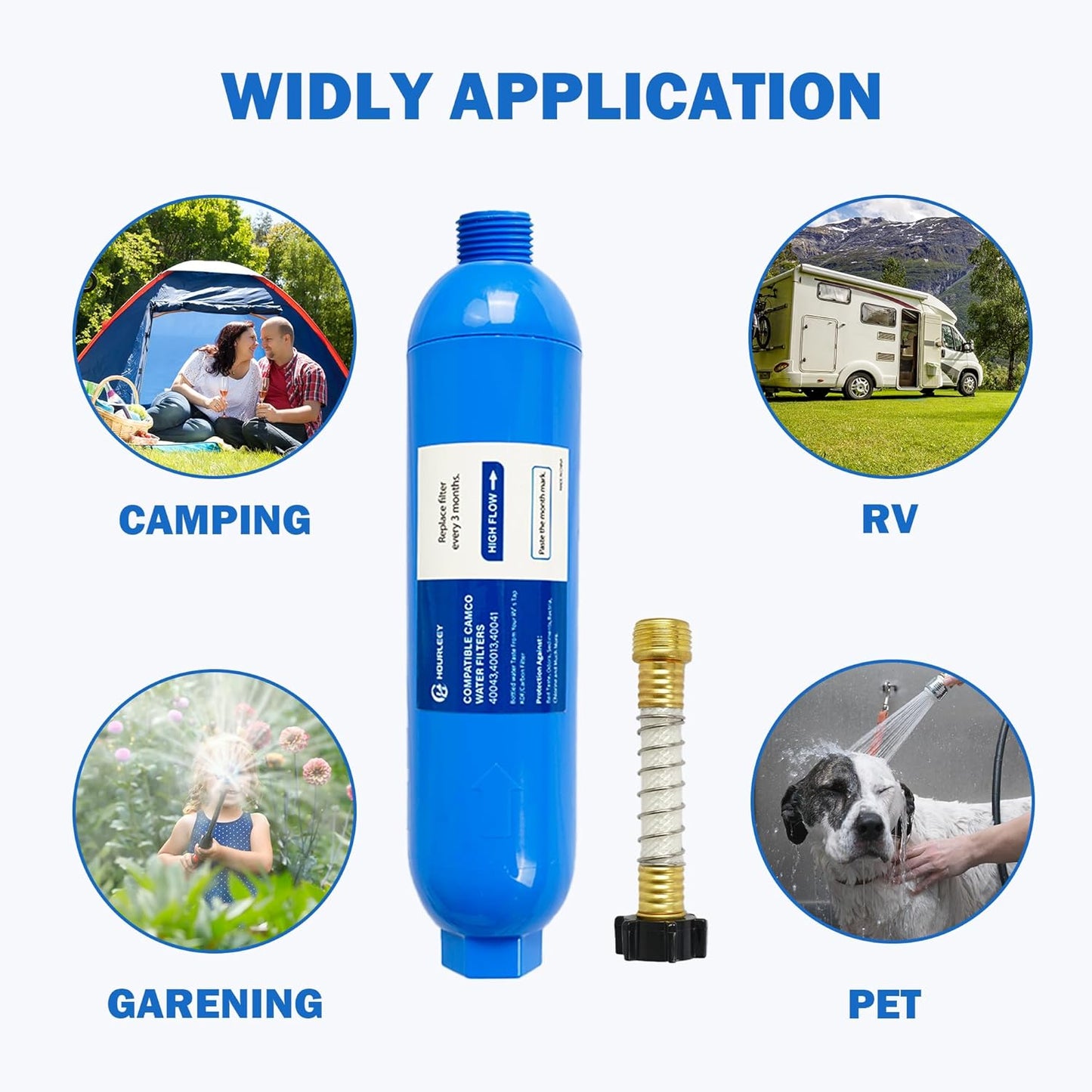 Hourleey 4 Pack RV Inline Water Filter with 2 Flexible Hose Protector, Reduce Bad Taste, Odors, Rust, Fluoride, Chlorine and Sediment in Drinking Water, Dedicated for RVs Campers Marines