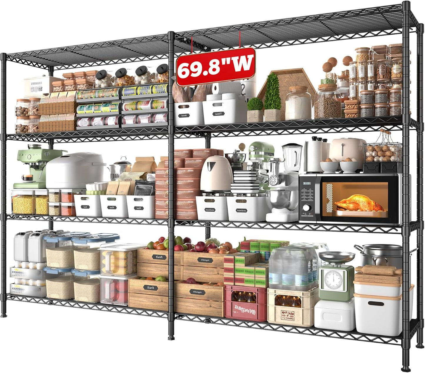 REIBII 69.8" W Storage Shelves 1250LBS Wire Shelving Unit 4 Tier Metal Shelving for Storage Rack Shelves Adjustable Heavy Duty Garage Shelf Pantry Shelves Kitchen Shelving, 69.8"Wx15.8"Dx62.9"H,Black