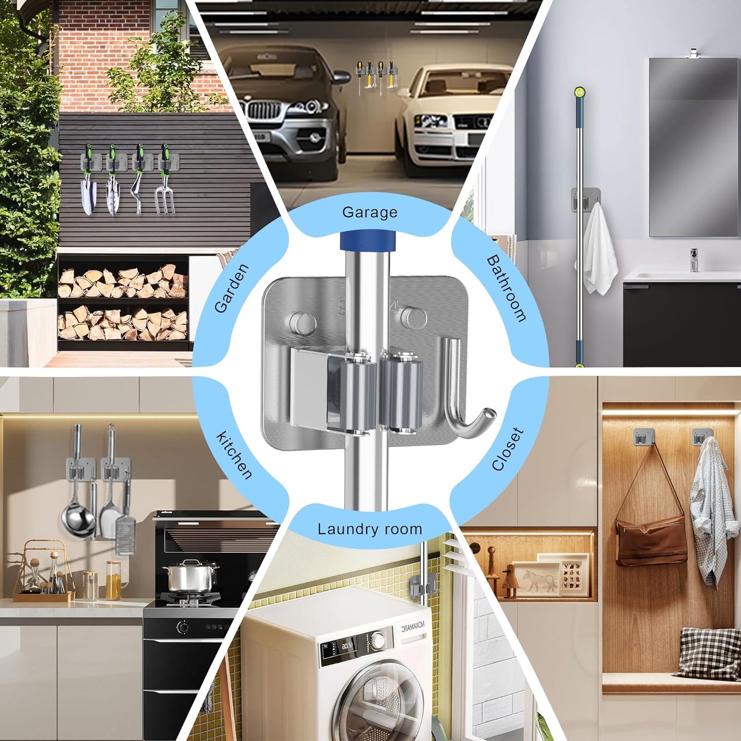 4 Pack Stainless Steel Mop and Broom Gripper with Hook, Screw Drilling or Self Adhesive Mop and Broom Holder Wall Mount, Storage Rack for Closet Laundry Garage Garden Tool Organizer, Silver