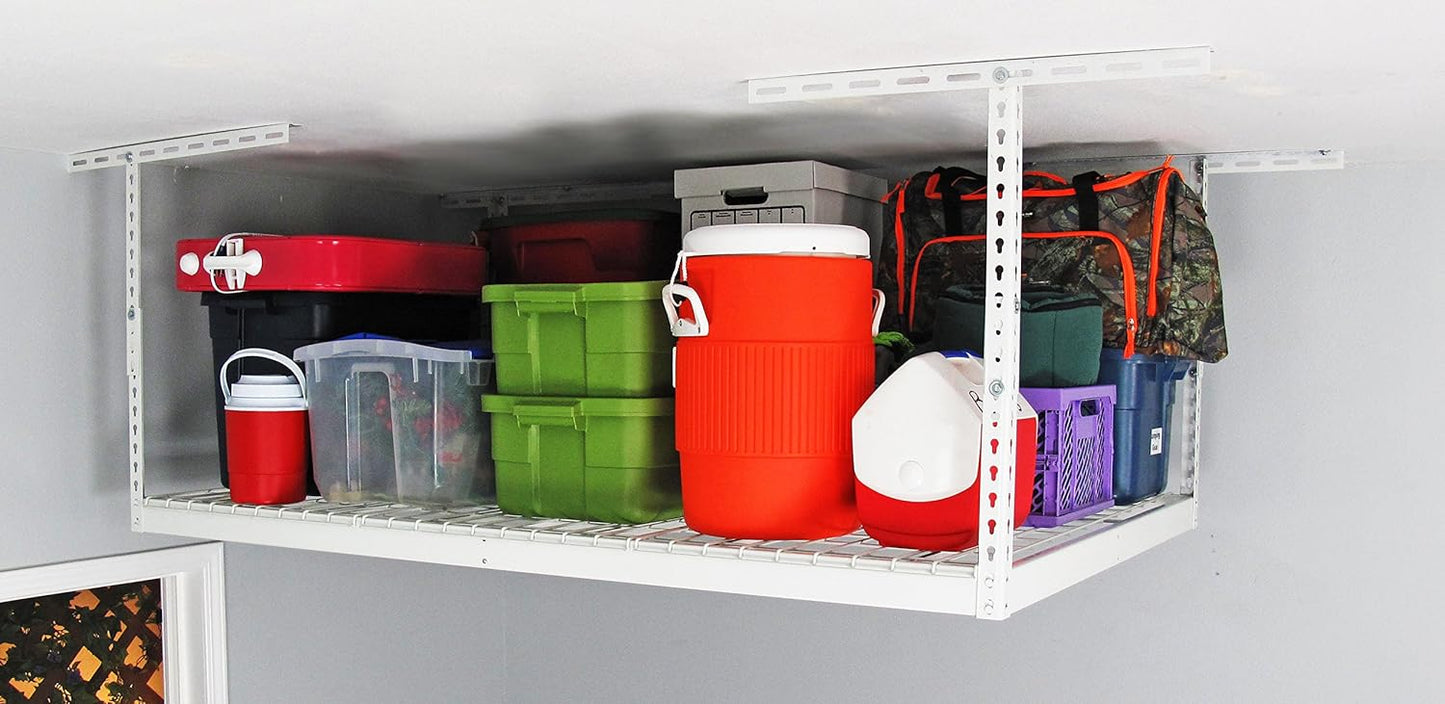 MonsterRax Overhead Garage Storage Racks 4x6 (2-Pack) Ceiling Mounted Shelving, Adjustable Hanging Storage Organizer, Heavy Duty Steel, Holds 500 Pounds, Color: White, Adjusts 18"-33” off Ceiling