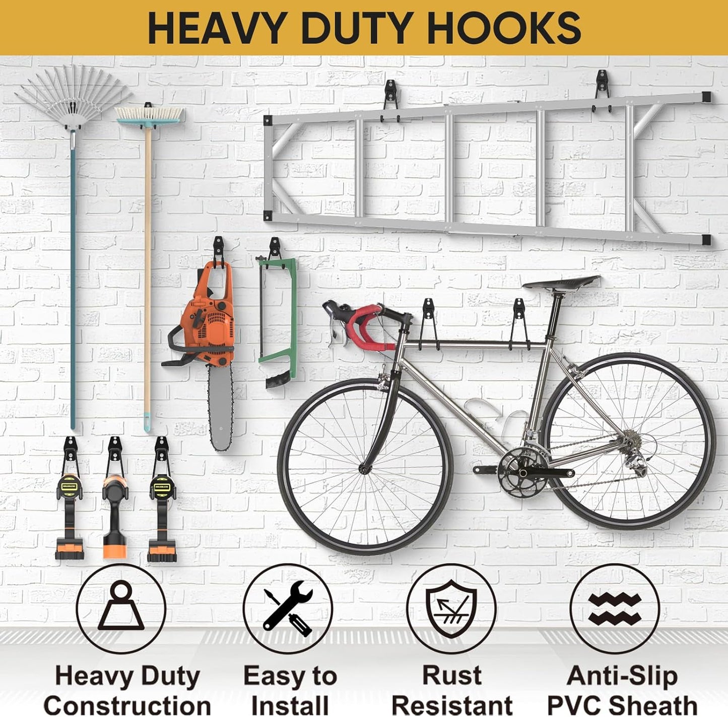 TICONN 2 Pack Heavy Duty Garage Hooks, Steel Utility Wall Storage Hooks, Wall Mount Hanger Organizer for Ladders, Bikes, Tools, Bulky Items (Small, Black Circular)