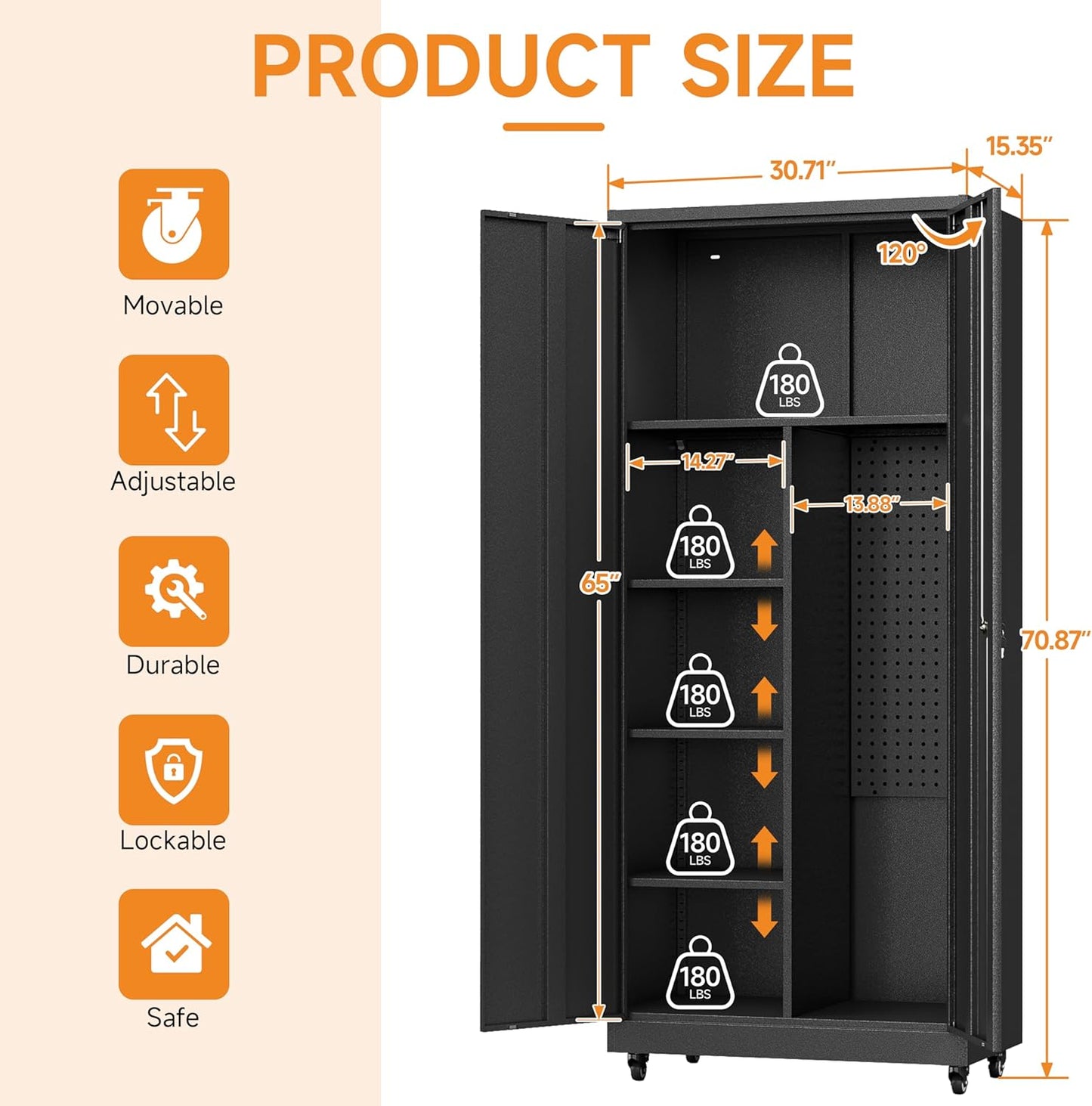 Metal Garage Storage Cabinet with 2 Doors, Adjustable Rolling Tool Storage Cabinet with Lock, 71" Steel Locking Tool Cabinet with Wheels and Shelves for Garage, Warehouse(Black, 71" H)