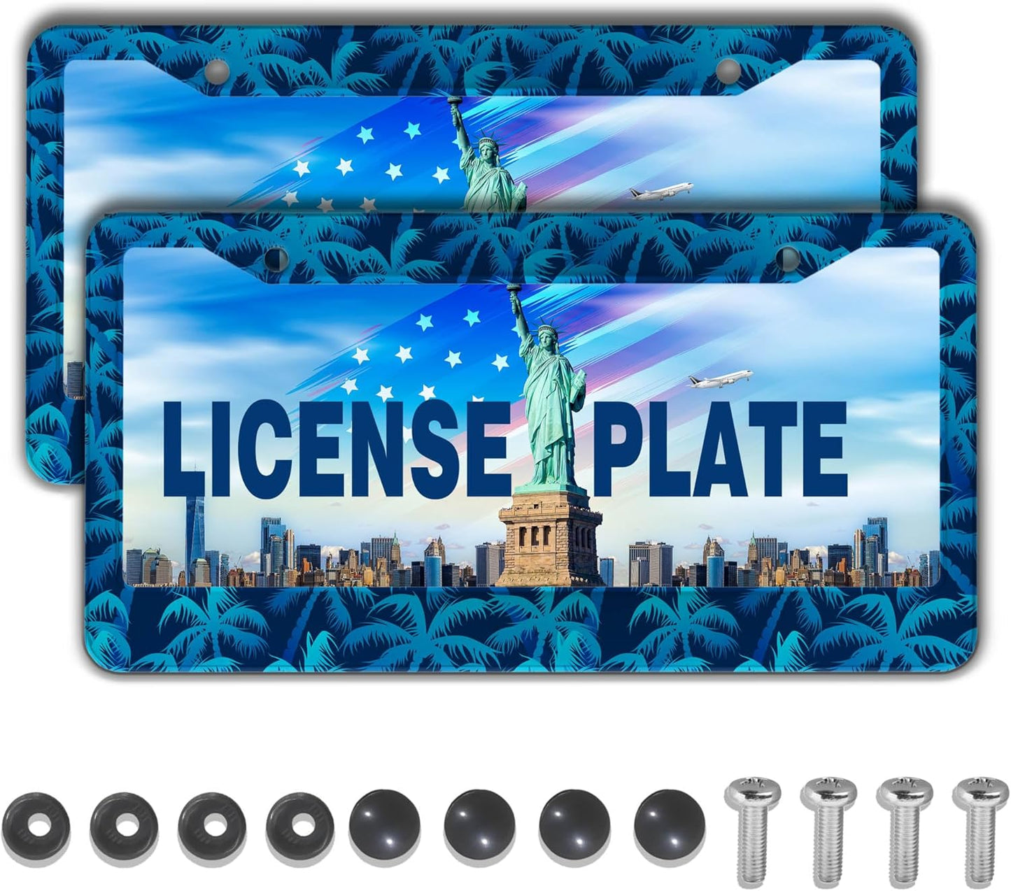License Plate Frame Blue License Plate Frames Tropical Blue Palm Trees Aluminum Metal Car Accessory 2 Pack with Screw Covers Set