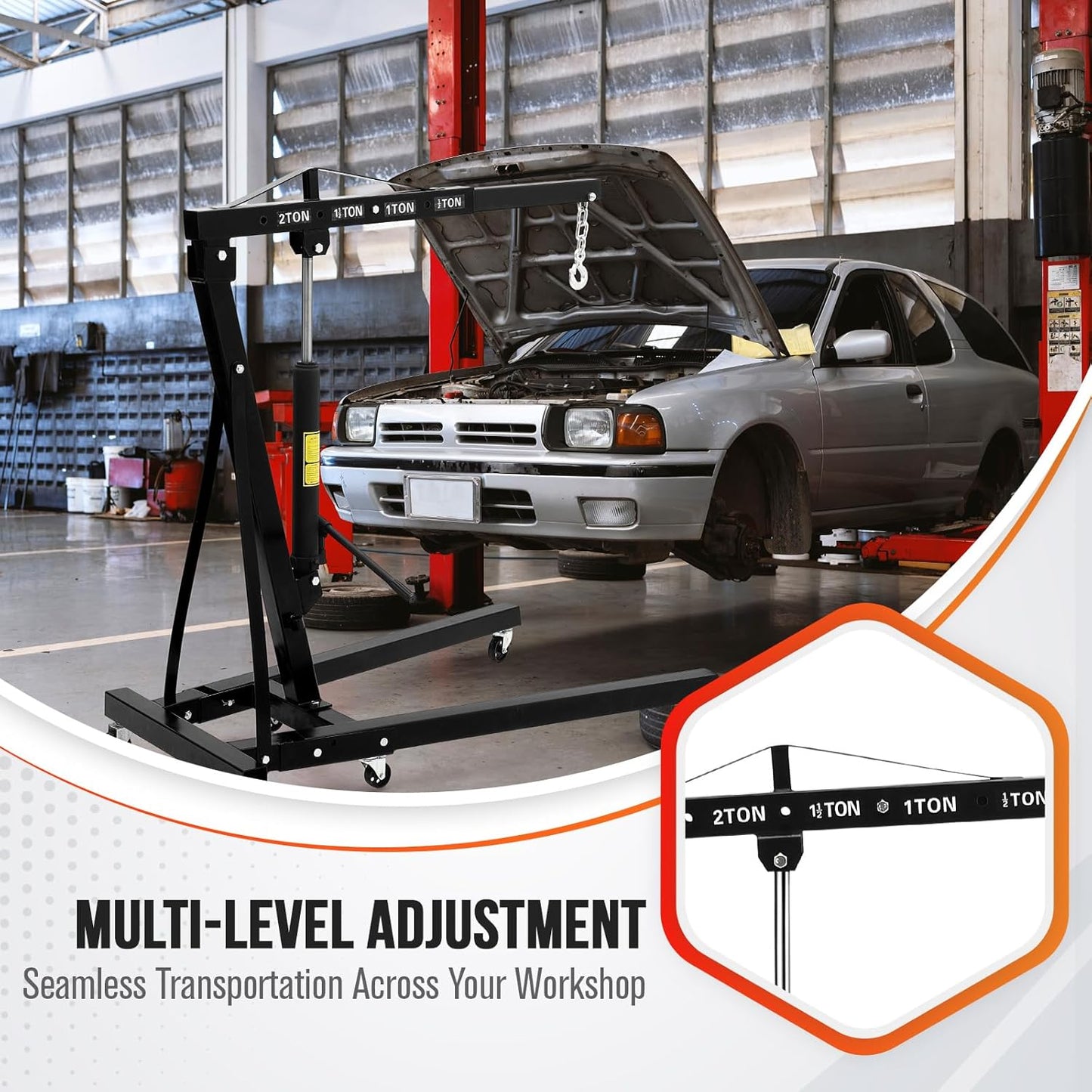 2 Ton Hydraulic Engine Hoist with Lever Stabilizer , Cherry Picker Engine Hoist, 4400LBS Heavy Duty Garage Crane with 6 Swivel Casters & Adjustable Telescopic Boom, for Auto Repair & Workshop (Black)