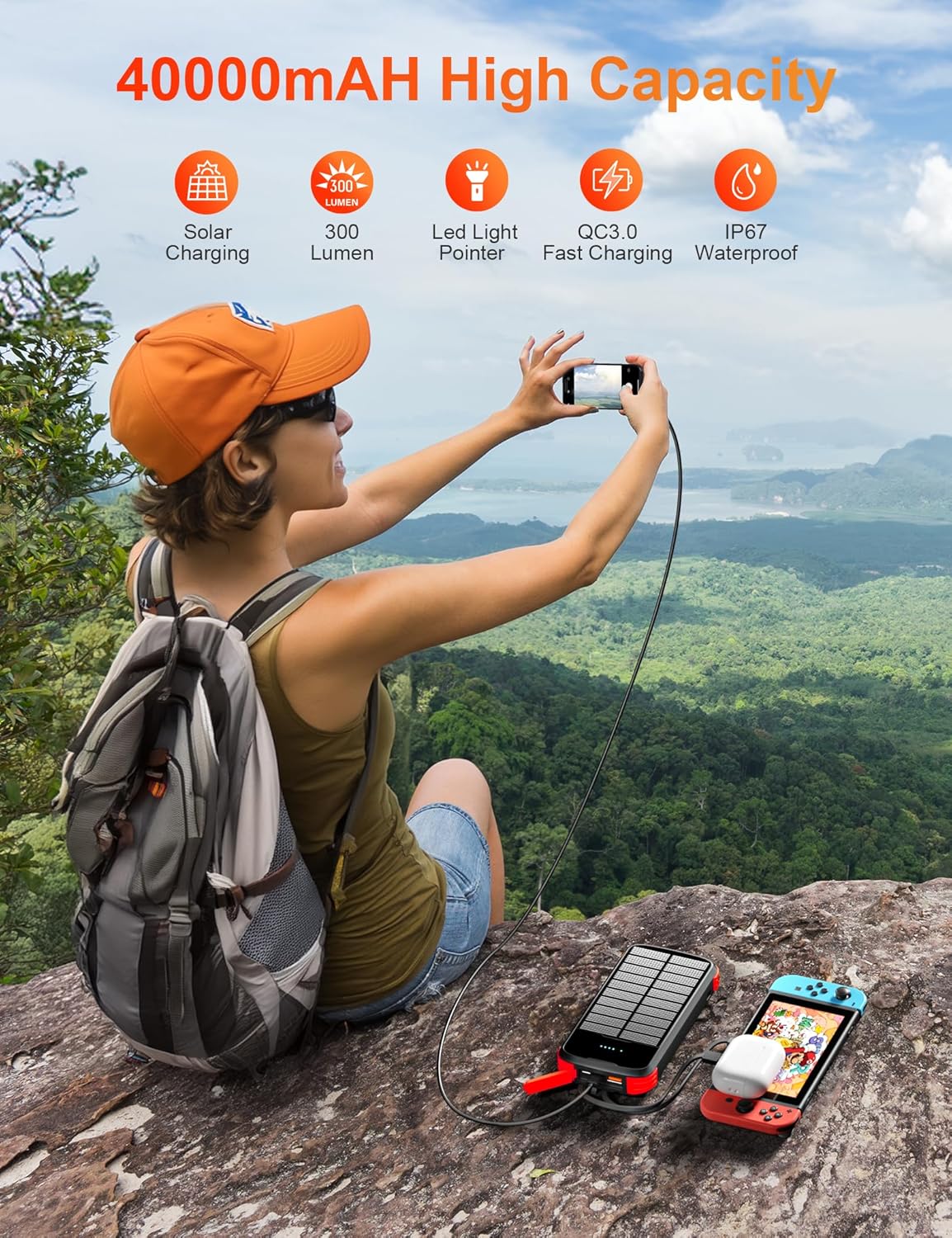 Solar Charger Power Bank, 40000mAh Portable Phone Charger Built in 4 Cables with USB C in/Output, PD 20W Fast Charging Portable Charger, External Battery Pack with Dual Bright Flashlights