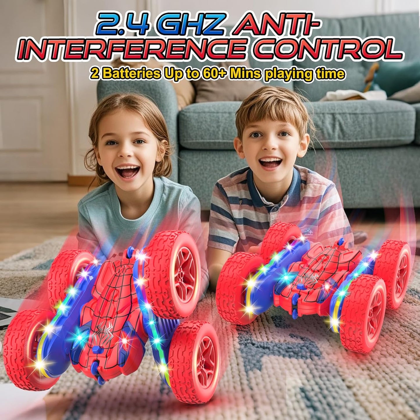 Remote Control Car Spider Rc Cars New Upgraded Strip Lights and Headlights Car Toys Double-Sided 360° Rotating Rc Truck for Boys Girls Birthday Gift (Red)