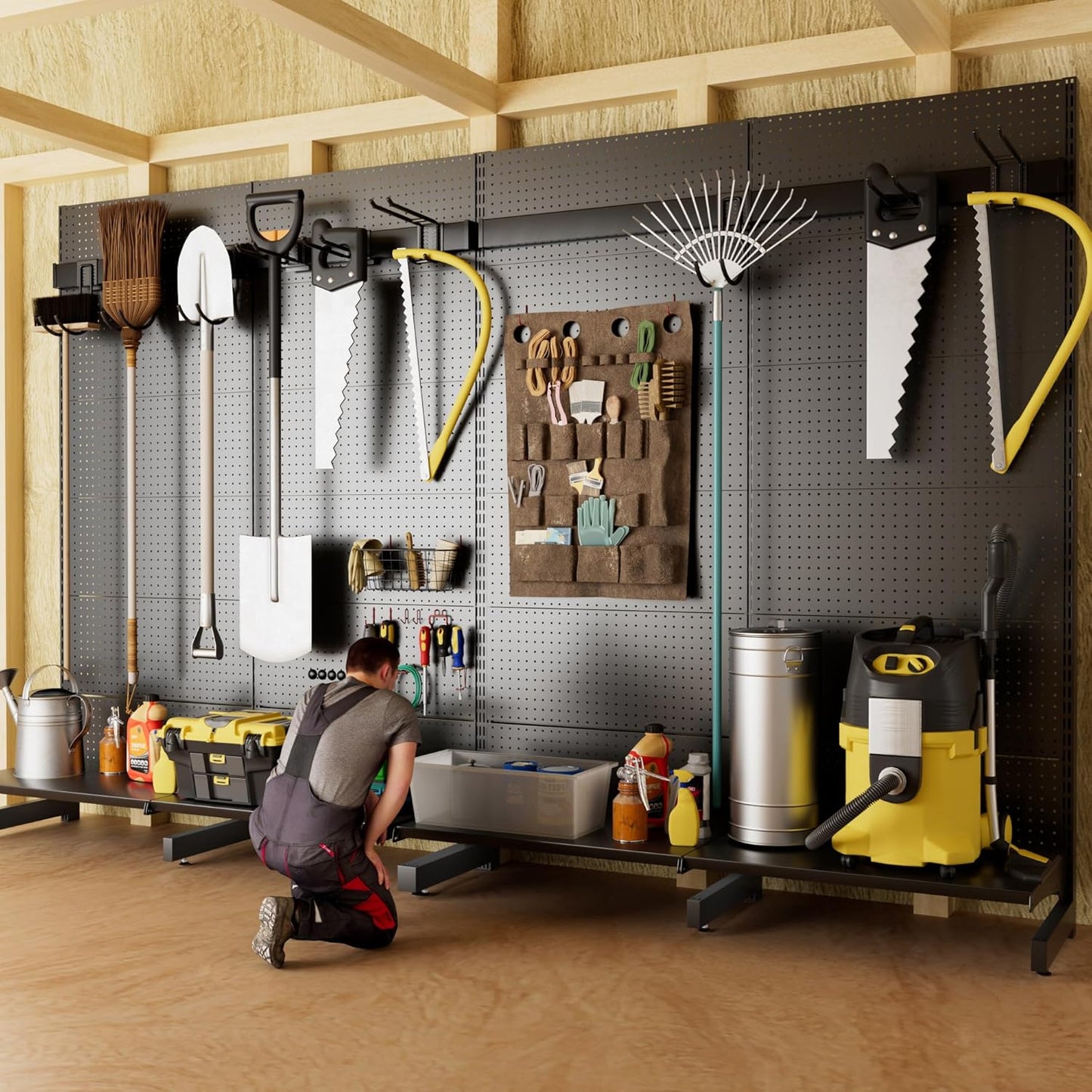 JWX Garage Pegboard Tool Organizer Free Standing, Organizer Storage Rack with 21 Pegboard Storage Set Max 300 lbs Super Heavy Duty Garden Tool Hanger Rack for Ski Gears, Broom, Shovel Yard Tools