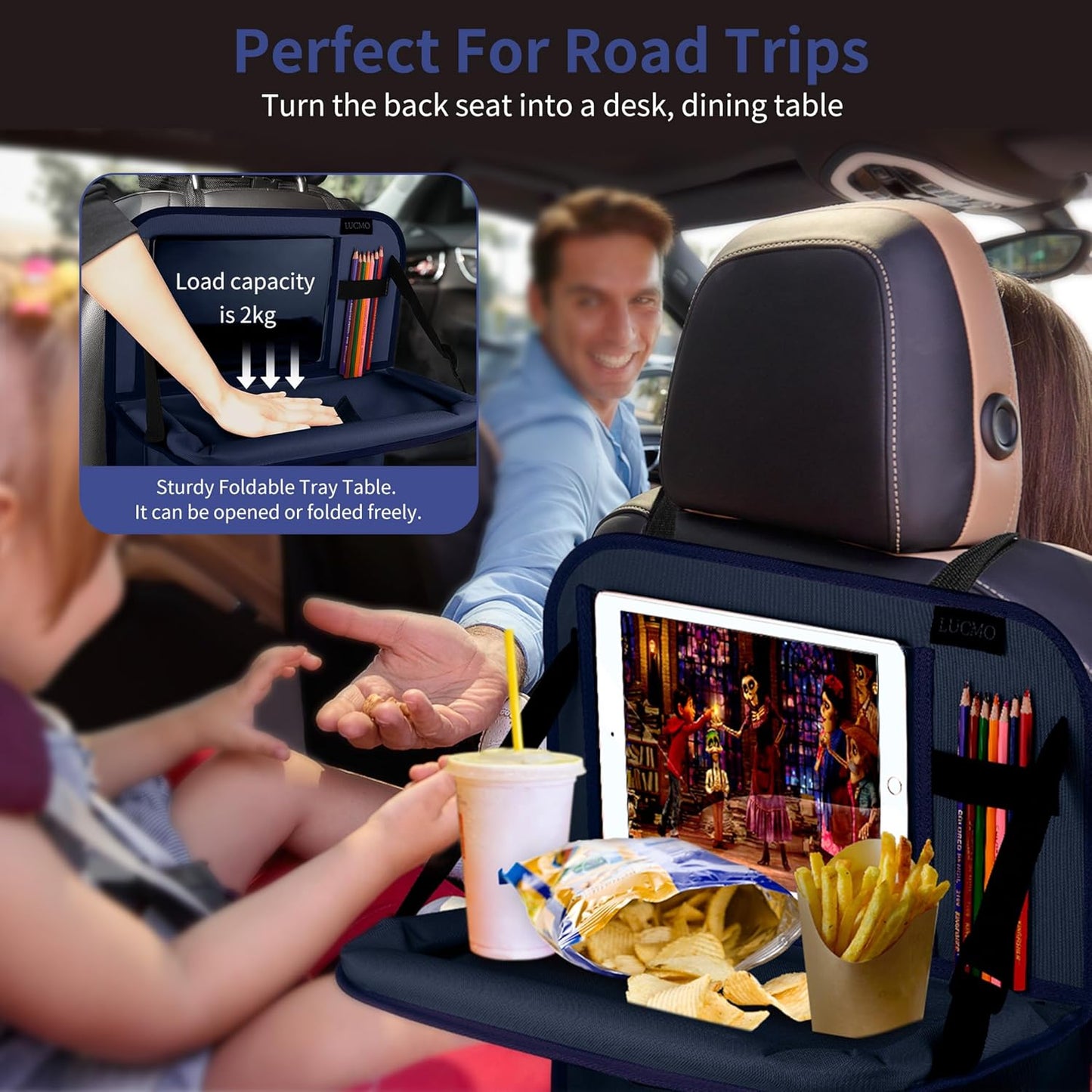 LUCMO Car Backseat Organizer with Tablet Holder,6 Storage Pockets Car Storage Organizer with Foldable Food Tray,Seat Protectors Kick Mats Travel Accessories-Dark Blue