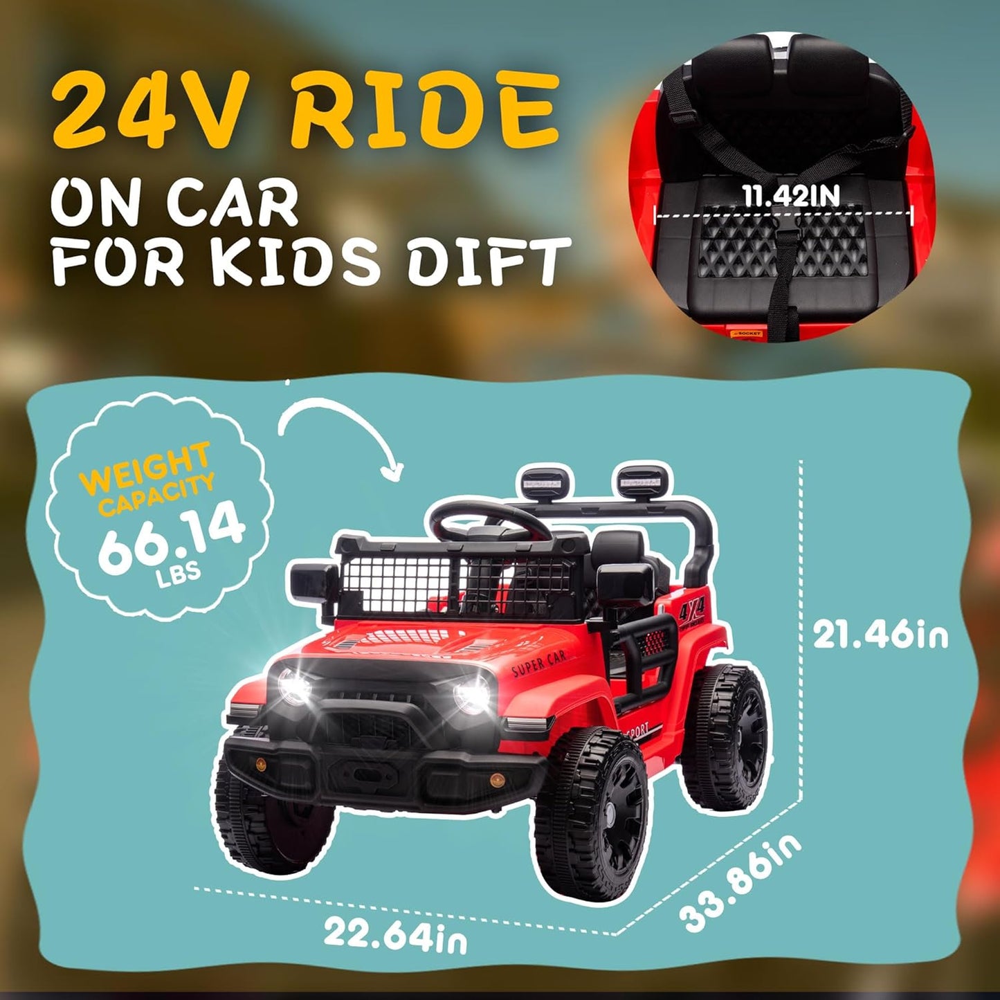24V Ride on Toys with Parents Control, Ride on TruckCar with Four-Wheel Suspension, Electric Vehicles for Kids, PowerDisplay, Bluetooth, MP3, Music, LED Headlight, 1.86-3.11MPH (Red)