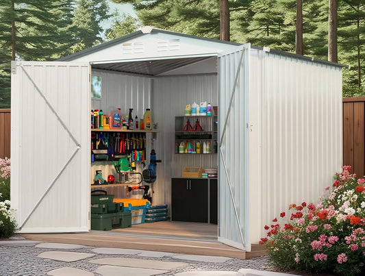 8X6 FT Outdoor Storage Shed with Window, Metal Garden Sheds w/Lockable Door and Vents, Waterproof Steel Tool House for Backyard, Patio, Lawn, Sundries & Utility Storage, White