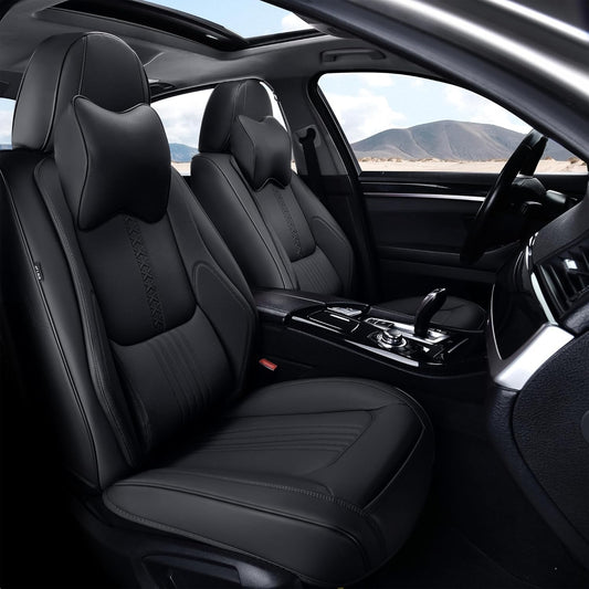 Front Seat Covers, 2 Pieces Universal Seat Covers for Cars, Waterproof Leather Auto Seat Protectors with Head Pillow, Car Seat Cushions Fit for Most Sedans SUV Pick-up Truck, Black