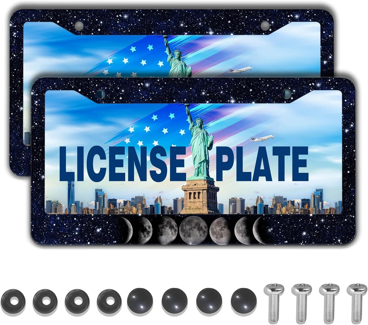 Automotive Exterior Accessories Black and White License Plate Frames Celestial Moon Phases Aluminum Metal Car Accessory 2 Pack with Screw Covers Set