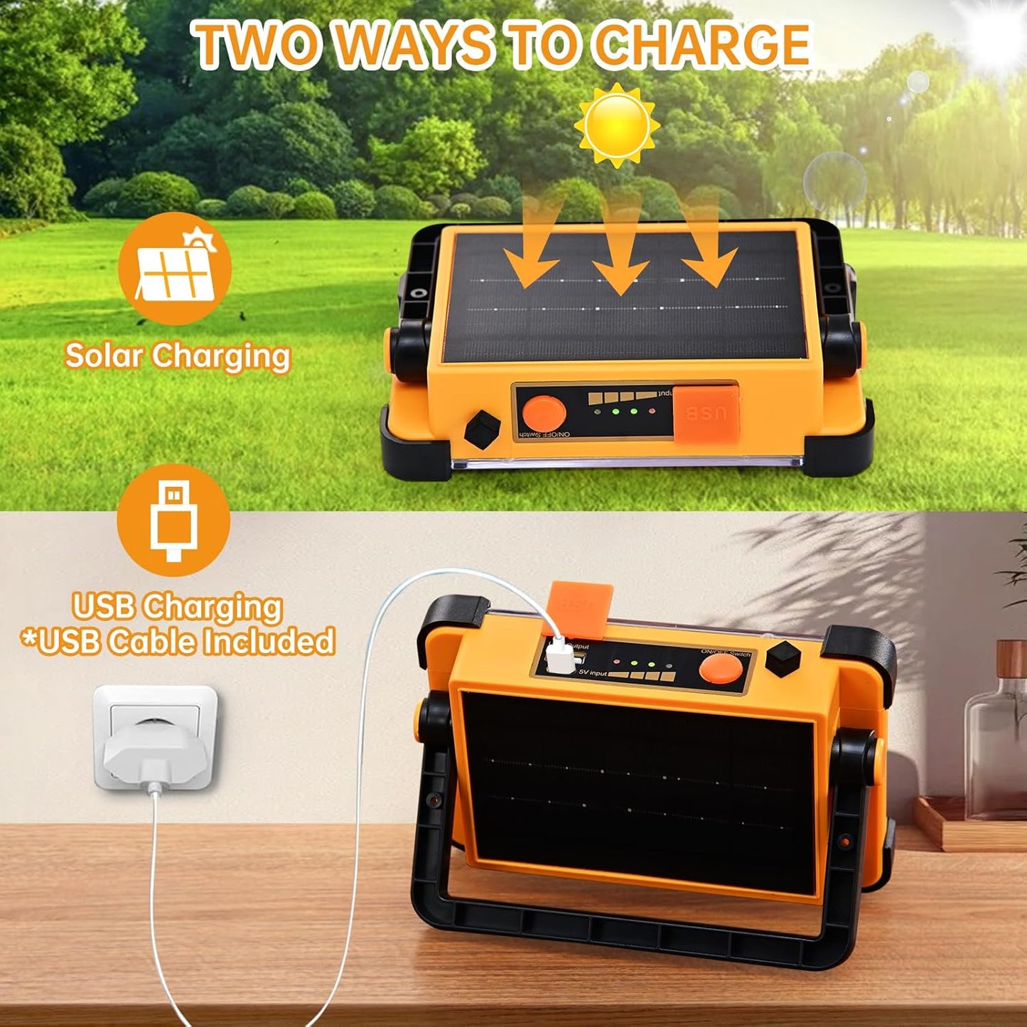 Rechargeable Solar Work Light Portable - IP66 Waterproof Job Site Flashlight with Stand, 10000LM 6600MAh Solar Flood Light for Mechanic, Camping, Car Repair, Fishing, Emergency